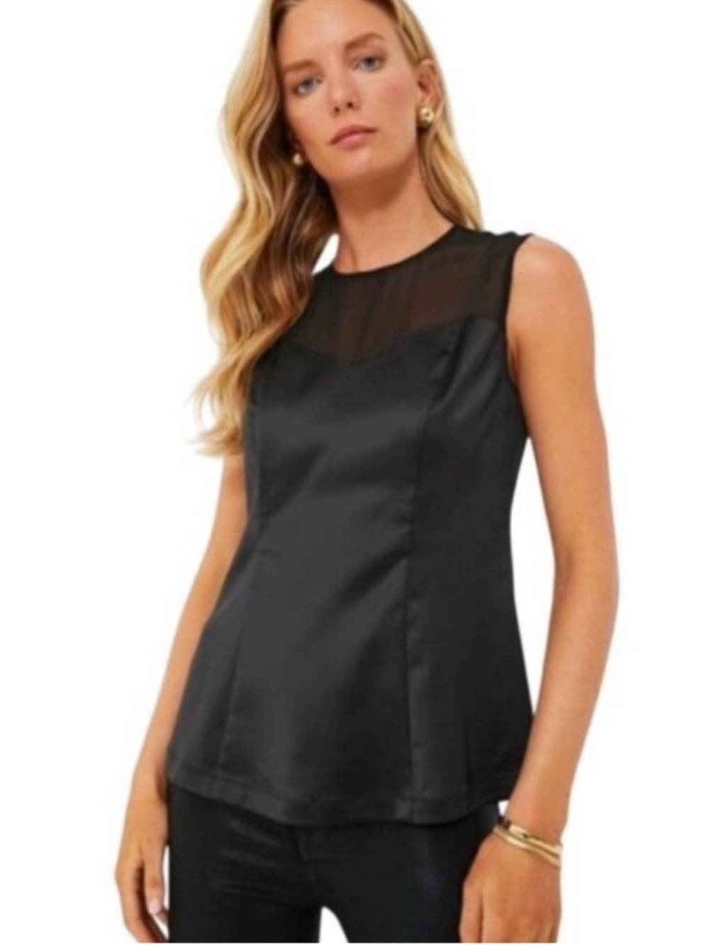 Tuckernuck Belle Black Satin Mesh Illusion Neck Top Size Large Sleeveless Blouse